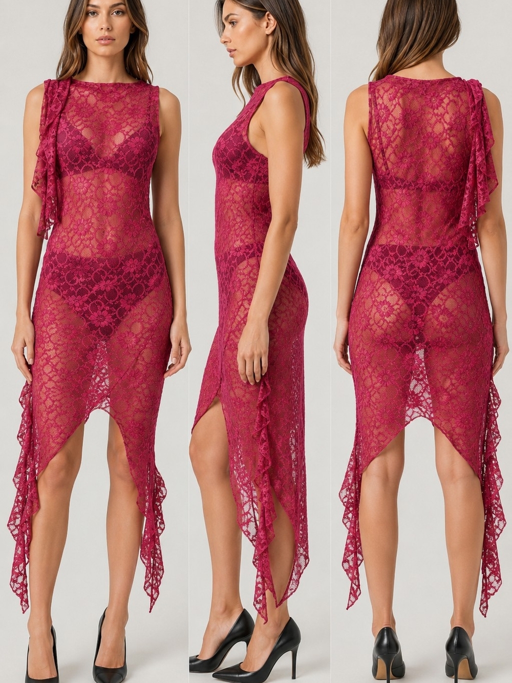 Nasty Gal lace Asymmetric Frill Pink Dress